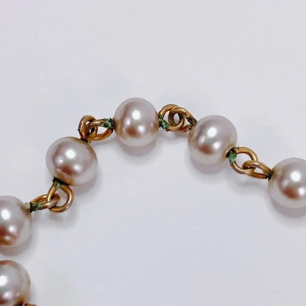 Vintage 50s Gold Tone Black Enamel Faux Pearl Rhinestone Link Choker Necklace
